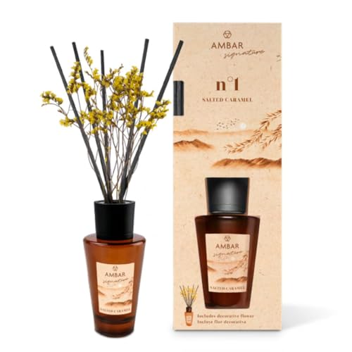 TIENDIFY - Mikado Ambar Signature con Flor Decorativa - 85ml. - Diseño Elegante Ambientador Decorativo para Hogar Salón Dormitorio Oficina (1 unidad, Caramelo Salado (salted caramel))