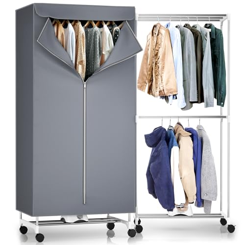 YORKING Heated Clothes Airer with Cover, Fast Drying Rack Indoor 2-Tier Stainless Steel Energy-Efficient Electric Airer Clothes Dryer, 180 Minutes Timer, Auto Power-Off
