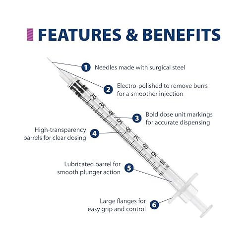 Image of Easy Touch 28 Gauge U-100 Insulin Syringes (28G 1cc 1 /2 inch) with 1 /2 inch Long Needle, 1cc (100 Unit Capacity), Bold Markings for Accurate Dosing, Disposable, Box of 100