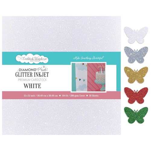 Cardstock Warehouse Diamond Print Inkjet Glitter - Premium White Glitter Cardstock Paper 10 Sheets 12 x 12 - 104 lb/280 GSM for Inkjet Printing Die-Cutting Card Making Crafts and DIY Projects