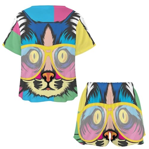 Ensemble de pyjama pour femme chat coloré manches courtes sleepwear ete