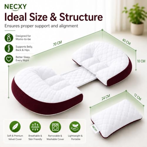Image of Pregnancy Pillow for Women | Cotton Blend Maternity Pillow for Pregnancy Sleeping | Pillow for Belly Support, Stomach & Hip Pain /Body Support | Washable Cover (White & Maroon, Set of 2)
