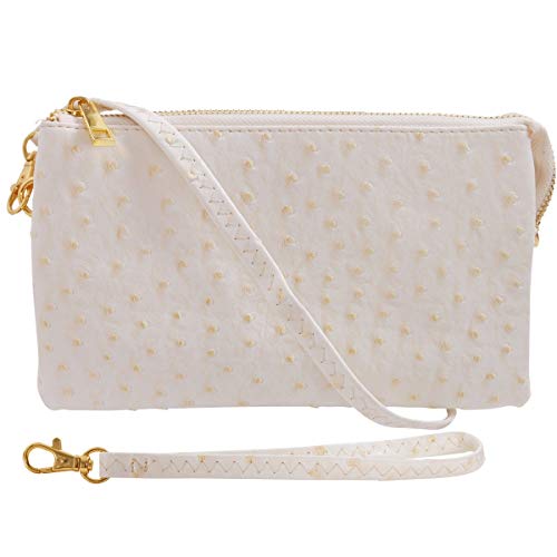 Humble Chic Vegan Leather Faux Ostrich Wristlet - Textured Dot Convertible Wallet Crossbody Bag Clutch Purse with Shoulder Strap, Ivory Ostrich, Off White, Cream