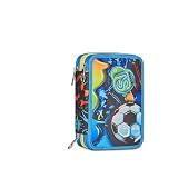 SJ GANG STYLE JAM GANG Astuccio 3 Zip, Triplo Scomparto, Completo di Matite, Pennarelli, Colori, Accessori Zaino, Elementari, Medie, Jet Black, Bambini, blu