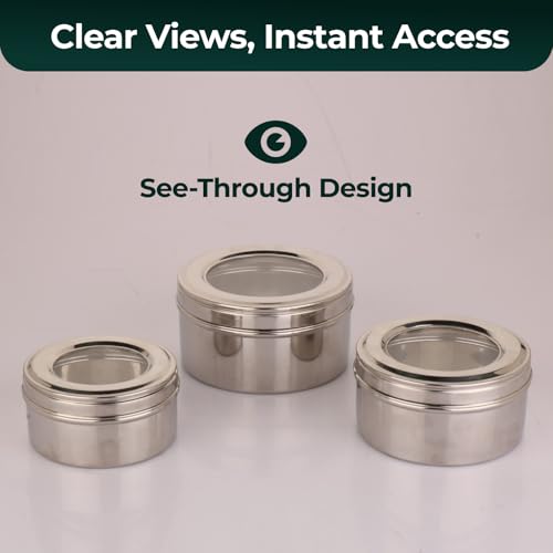 Image of MARU Stainless Steel Dabba Set for Kitchen with Transparent Lids Set of 3 (500ml, 750ml, 950ml), Stackable See-Through Containers for Everyday Use, Ideal for Storing Food, Snacks, Chapati & More