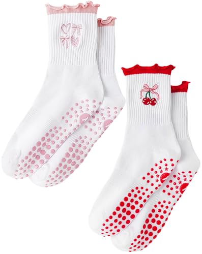 Image of Yawlsow Cute Pilates Grip Socks for Women Ruffle Frilly Yoga Socks Non Slip Cotton Crew Grippy Sock for Barre Workout