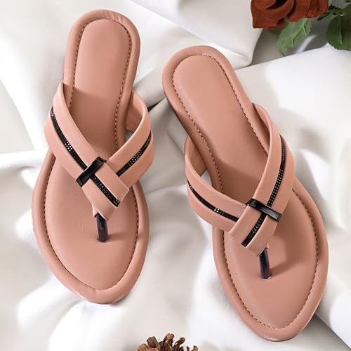 Image of Centrino Women's Flat Thong Sandals | Stylish Embellished Strappy Flip-Flops | Open-Toe Slip-On with Metallic Studs| Soft Cushioned Footbed for Comfort | Elegant & Durable Fashion Footwear (9313)
