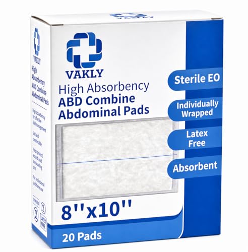 Vakly ABD Pads 8 x 10 Sterile (20 Pack) Abdominal Combine Gauze Pads High Absorbency Non-Adherent Dressings Individually Wrapped for Wound Care & First Aid - Latex Free (20 Pack)