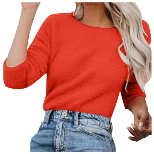 Suéter de forro polar para mujer, casual, suave, cálido, de cachemira, de color sólido, holgado, cuello redondo, manga larga, suéteres de invierno de forro polar, sudadera ajustada, rosso, S