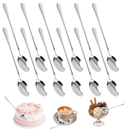 Pack of 12 Long Spoons, Latte Macchiato, 19.5 cm Cocktail Spoon, Long Ice Spoon, Teaspoon, Mirror Polished, Dishwasher Safe, Long Spoon Handle, Dessert Spoon, Ideal for Iced Coffee, Iced Tea