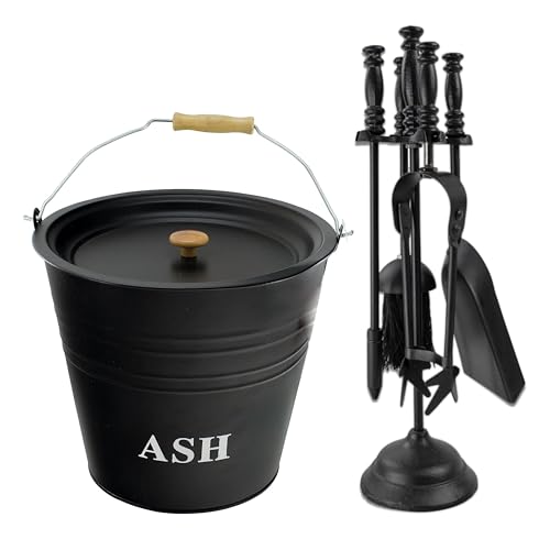 ADEPTNA 5-Piece Cast Iron Fireside Companion Set - Fireplace Tool Set with 12L Ash Bucket, Lid, Broom, Shovel, Tong & Poker on Stand - Perfect for Wood Burners, Coal Stoves, and Fireplaces
