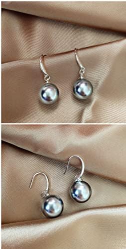 YAXUN 925 Sterling Silver Pearl Earrings For Women - 12mm Round Grey Shell Pearl Dangle Drop Hook Earrings Fashion Jewellery Gifts For Ladies and Girls
