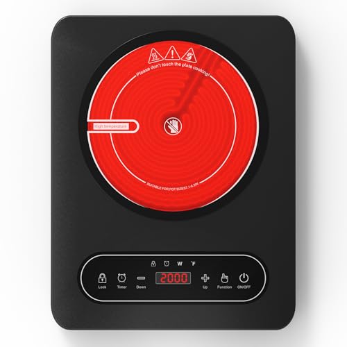 VBGK Portable Ceramic Hob, 2000W Portable Electric Hob, Electric Ceramic Hob, Single Cooking Zone with LED Display, 4-Hours Timer, Safety Lock, Residual Heat Indicator