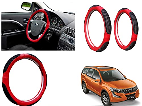 Image of Microfiber Car Steering Wheel Cover, Soft Padding Great Hand Feel, Anti-Slip, Faux Leather Steering Cover for Mahindra XUV 500 2015 | Black Red Jali - Pack of 1