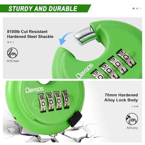 Image of DAYGOS Combination Disc Padlocks for Outdoor - Heavy Duty 4 Digit Code Lock, Combo Discus Lock for Storage Unit,Gate,Fence,Trailer(3 /8-in Shackle,1PCS,Green) | 4 Digit. 3 /8 inch Shackle. 2-3 /4 inch Body. Outdoor Heavy Duty Round Lock for Locker Shed,Gate,Fence (1PCS,Black)