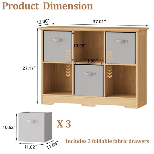 Image of 6 Cube Storage Organizer Shelf, Wood Cubby Storage with 3 Fabric Drawers, 2 Tier Wooden Bookshelf with 2 Adjustable Shelves & Fluted Side Panels for Bedroom, Living Room, Home Office, Wood