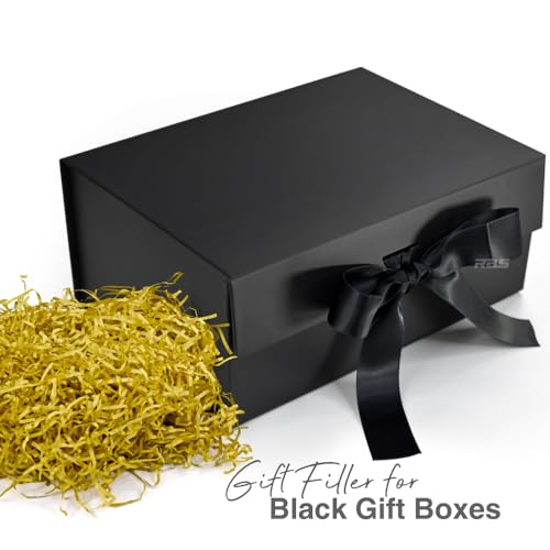 Image of RBS-Black Gift Box with Golden Filler 23x16x10cm Empty Hamper Box for Gifting Holds Upto 5kg Sturdy Cardboard Gift Boxes with 25g Decorative Shredded Paper Birthday, Diwali, Valentine's Day Packing