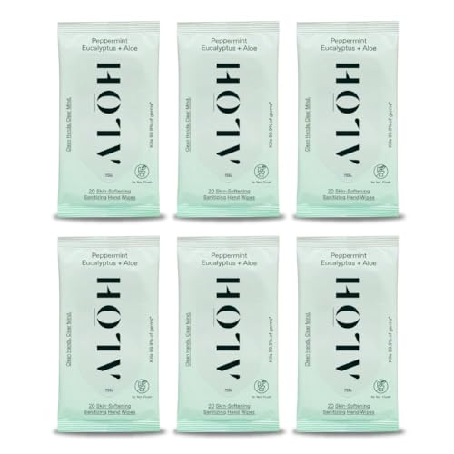ALH Peppermint Eucalyptus Sanitizing Hand Wipes - Clean Hands Clear Mind On The Go Sanitizer for Kids and Adults - Travel Size 6 packs of 20ct Wipe (120 Wipes)