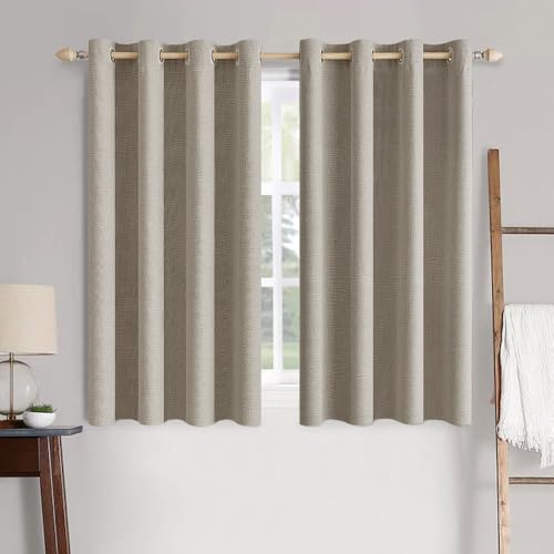 Image of MIULEE 100% Blackout Linen Textured Curtains for Bedroom Solid Thermal Insulated Pebble Taupe Grommet Room Darkening Curtains & Drapes Luxury Decor for Living Room 52 x 63 Inch (2 Panels)
