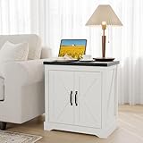 GarveeHome Farmhouse End Table - 24' White Farmhouse End Table with USB Charging Station & Barn Door, Rustic Wood,Side Table for Bedroom Living Room