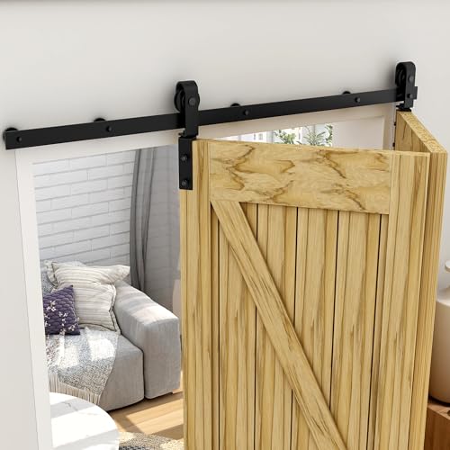QINAIXQM 76CM/2.5FT Bifold Schiebetürbeschlag Schiebetürsystem Schiebetür Komplettset Schwarz für 2 Holztür 36cm Breit für 60-70 cm