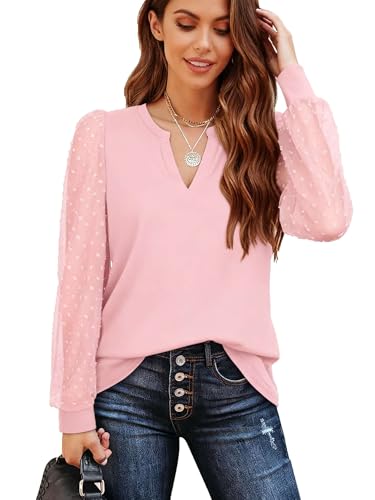 Pawate Pawate Spitzen Oberteile Damen Bluse elegant Langarm Shirts Herbst Tunika Tops (Rosa/XL) - Detailansicht 2 | TV | Video | Foto