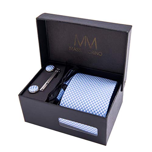 Massi Morino Mens Tie Set (Cufflinks and tie set) Box including Men ties + Cufflinks + handkerchief/tielightblue lightbluetie lightblue azure royal sapphire teal turquoise ultramarine
