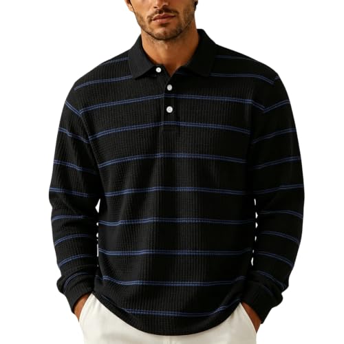 Rugby Polo Men Collared Henley Button Long Sleeve Waffle Shirt Men | Striped, Waffle Knit, Soft, Smart‑Casual, Drop Shoulder, Relaxed Fit, Old Money Clothes Men, Skin‑Friendly, Fall Winter - image 1