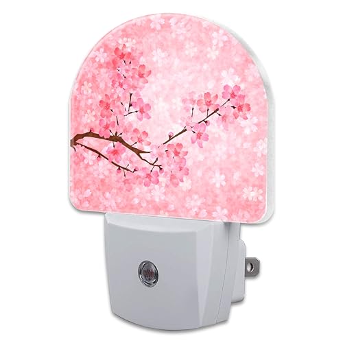 Image of Pink Cherry Blossoms Night Light Plug into Wall, Blooming Cherry Tree Dusk to Dawn Night Light Plug in,0.5w Energy Saving Sleep Friendly NightLight for Kids Boys Girls Home Decor
