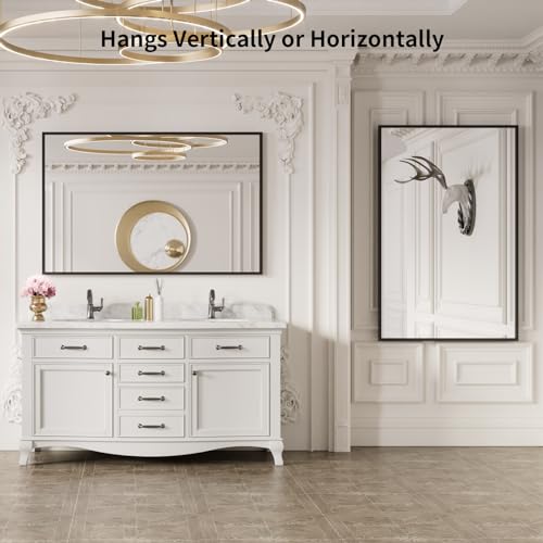 Image of LOAAO 40 inchX30 inch Black Rectangle Bathroom Mirror Wall, Matte Black Aluminum Alloy Frame, Tempered Glass, Hangs Vertically or Horizontally, Easy to Install