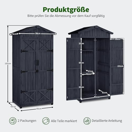M MCombo Gartenschrank Gartenhaus Holz Wetterfest, Outdoor Wasserdicht Schrank mit Boden, für Außenbereich Balkon Terrasse, Aufbewahrungsschrank mit 2 Bewegliche Regale 74×99×193 cm (Anthrazitgrau)