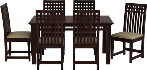 Image of Sheesham Wood 6 Seater Dining Table with Cushioned High Back Chairs for Living Room Home Dining Room Sets Furniture for Dinner Rooms (Mahoghany Finish)