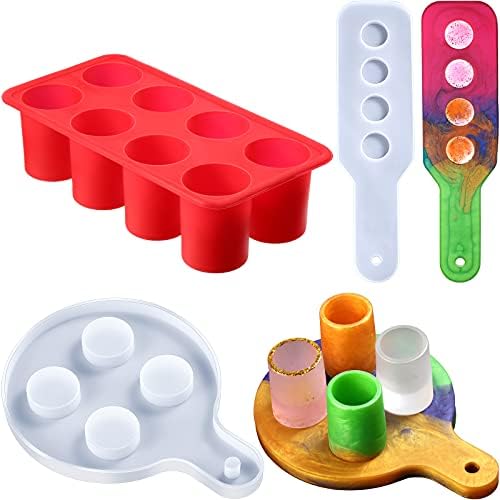 8-Cavity Resin Shot Glass Molds Silicone, 2 Pieces Shot Glass Serving Tray Mould for Resin, 8-Hole Silicone Wine Glass Mould and Wine Glass Holder Silicone Flight Paddle Mould (Rectangle, Round)