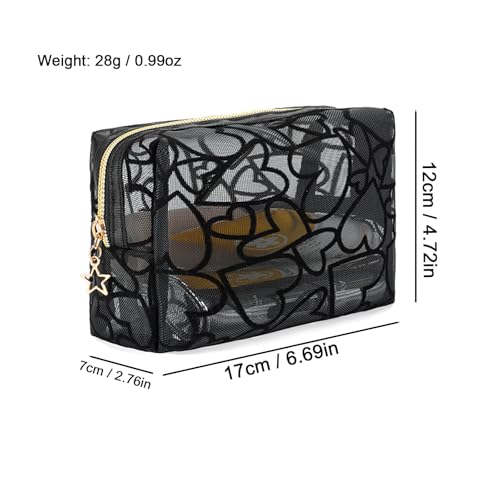 Image of Square Mesh Makeup Bag Flocking Heart Printed, Portable Travel Mesh Cosmetic Bags Toiletry Bags Makeup Purse Bags Five-pointed star zipper pull Storage Pouches, for Home Travel Accessories