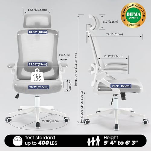 Fizzin Office Chair 400 LBS, High Back Ergonomic Computer Chair with Adjustable Lumbar Support & Headrest, Comfy Mesh Desk Chair for Long Hours (Gray) image 8
