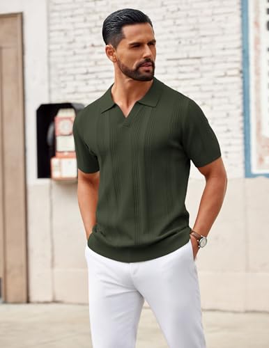Image of COOFANDY Mens Knit Polo Shirts V Neck Textured Polo Shirts Short Sleeve Breathable Polo Casual Collared T Shirt Fashion Tops
