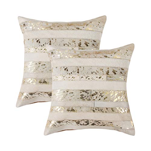 Set of 2, Natural Torino Madrid Handcrafted Soft Touch 100% Genuine Natural Cowhide Pillow with Polyfil Insert and Zipper Closure, Natural & Gold, 18 in x 18 in