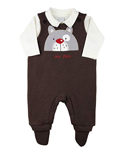 Salopete Bebê Malha Rugby e Suedine Cachorro Bulldog - Marrom P