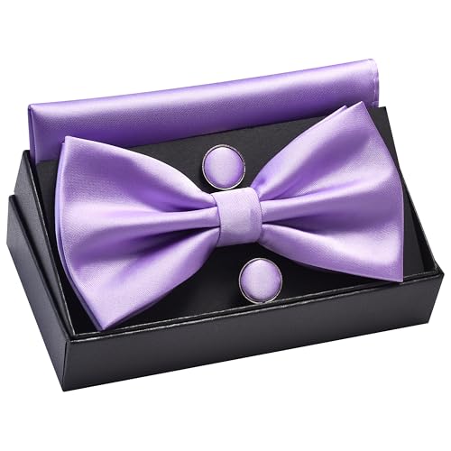 Image of GUSLESON Men's 3-pc Solid Color Bow Tie Gift Set - Double‑Fold Pre-Tied Bow Tie, Pocket Square, Cufflinks - Wedding Formal Party