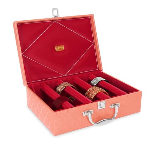 Image of LEDO Bangle Box Organizer Holder Case for Women in PU Leather with 4 Rods in Peach Color