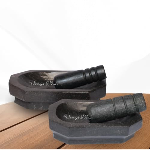 Image of Mortar pestle for kitchen, Silbatta for Chutney, Khalbatta Stone, ammikallu for kitchens small rolu rokali, idi kallu Pure Unpolished Granite Stone (Black, Length = 12 Inch)