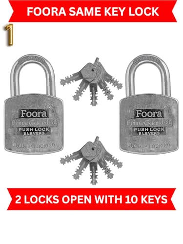 Image of Foora Primeguard Push Same Key Lock Set | 2 Heavy Duty Padlocks with 10 Keys | Double Locking 8 Lever Mechanism | Strong Metal Body | Multiple Lock and Key for Door Lock, and Shutter Security