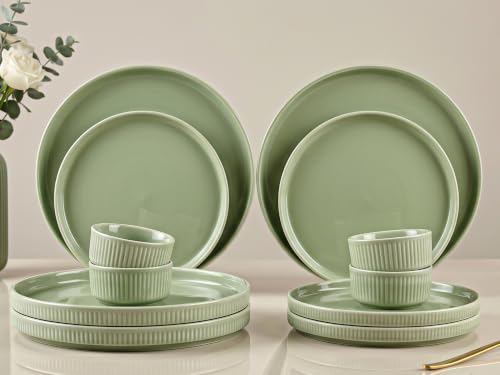 Image of Bodhi House 12-Piece Ribbed Porcelain Dinner Set for 4 | 4 Quarter Plates & 4 Katori, Microwave & Dishwasher Safe, Chip Resistant Crockery Set for Home, Dining & Gifting, Tea Green