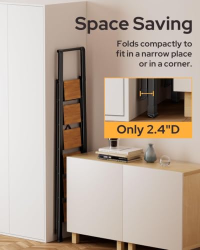 Image of 6 Step Ladder for 12 Feet High Ceiling, Lightweight Aluminum Folding Step Stool with Convenient Handgrip, Stepladders with Anti-Slip and Wide Pedal for Home Use Space Saving - Black+Woodgrain