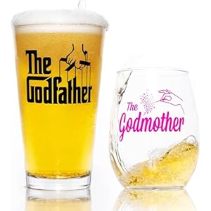 The Godfather & Godmother Printed Pint & Stemless Wine Glass Set – Premium Quality Licensed, Handcrafted Glassware – A Collectible Gift for Godparents, Movie Lovers & Special Occasions