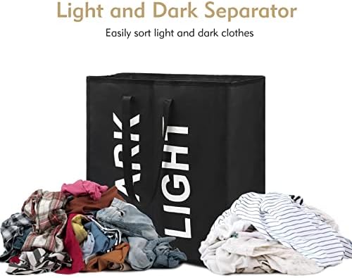 Maxsilan Large Laundry Basket with 2 Compartments, Large Collapisable Laundry Bag, Foldable Laundry Hamper, Folding Washing Storage Bin, Black