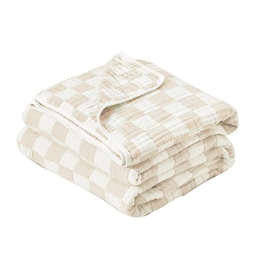 Image of Ultra Soft Cozy 100% Cotton 6-Layer Muslin Baby Blanket 41 inchx41 inch Breathable Lightweight Checkered Swaddle Blankets for Baby Toddlers Boys Essentials Girls Birthaday Gifts All Seasons Cream