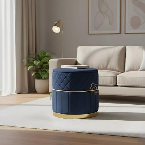 Image of ENIQE STORE Set of 2 Round Velvet Ottoman Footstool Gold Base - Tufted Upholstered Pouffe Stool for Living Room, Bedroom & Dressing Area (Blue-2)