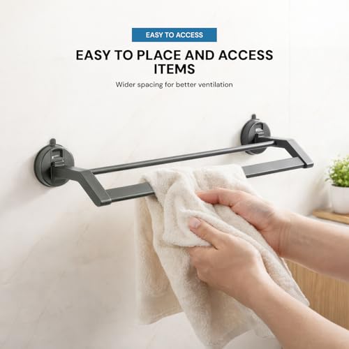Image of Amazon Basics Suction Towel Holder for Bathroom - Rust - Free Powder Coated Wall Mounted Towel Rack No Drill Towel Rack Modern Bathroom Accessories Organizer Grey