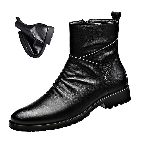 Image of Keilinia Men's Black Leather High-top Dress Ankle Boots,Fall Winter Fashion Side Zipper Plain Toe Business Casual Short Boots